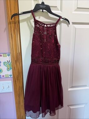 Iz Byer Burgundy Lace & Sequin Mini Dress